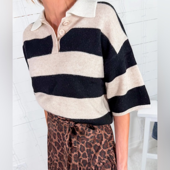 DRISCOLL CASHMERE SHORT SLEEVE STRIPED SWEATER SIZE SMALL - Picture 2 of 7